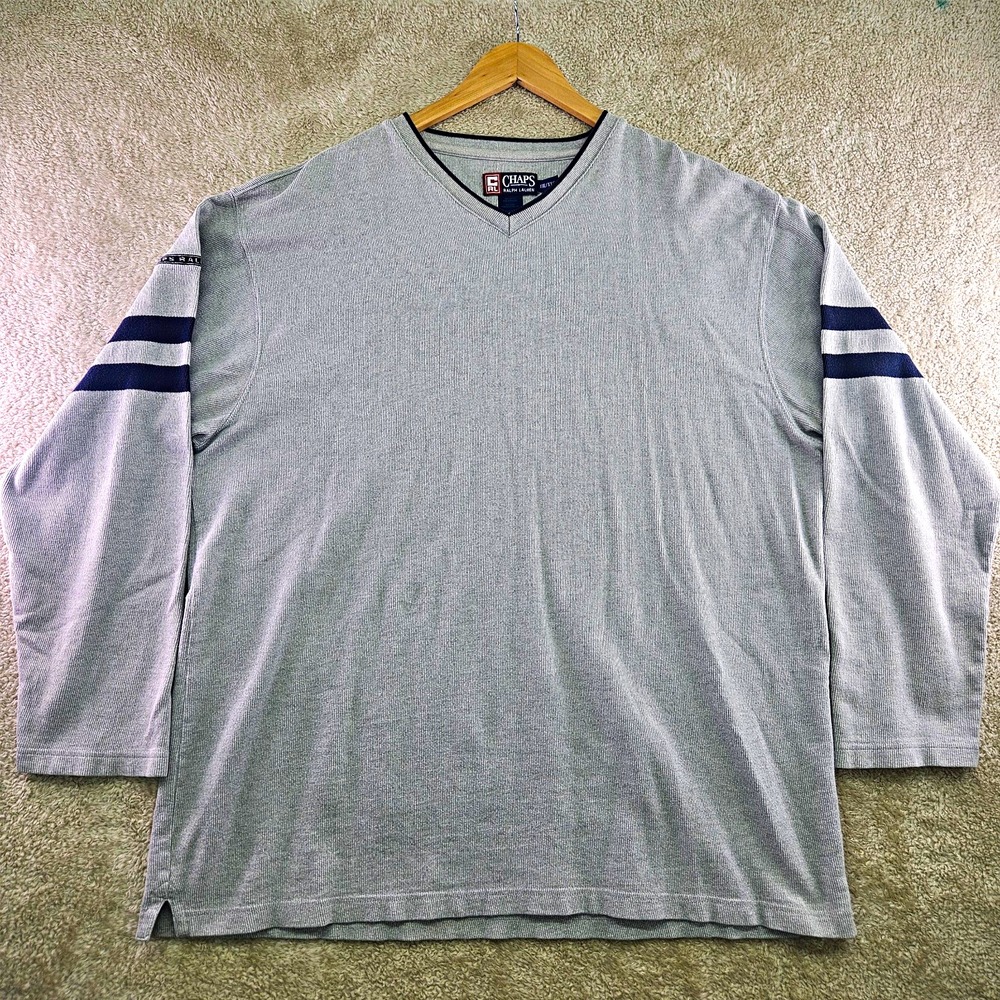 Chaps Ralph Lauren Vintage Ribbed V-Neck Sweater Mens 2XL Gray Navy Striped